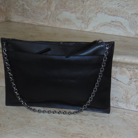 Alexandra Clancy Oversized Black Leather Handbag Envelope Bag Purse Chain Stra - Picture 5 of 13